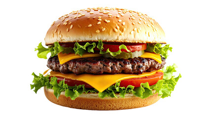 Close-up of a perfectly constructed burger with multiple layers and toppings
