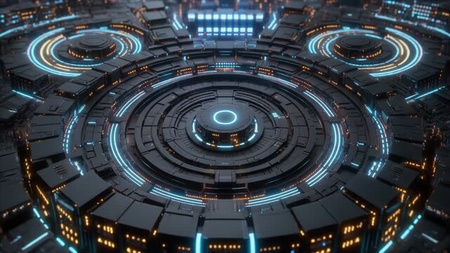 Futuristic circular structure with glowing blue and orange lights, high-tech futuristic technology design concept