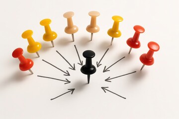 Pinwheel of Influence: A central black pin, symbolizing authority, surrounded by a colorful array of pins, underscores the dynamics of influence, power and centrality.