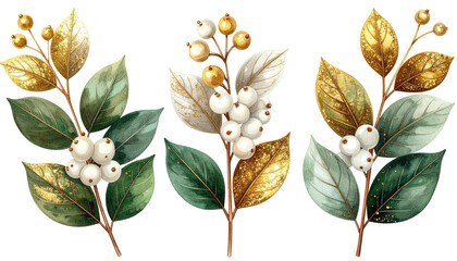 Watercolor illustration of three sprigs with white berries, gold leaves