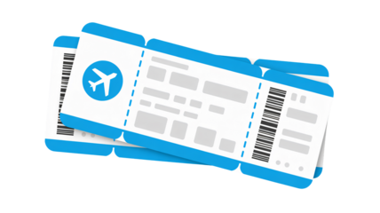 Two stylized blue and white airplane boarding passes overlap slightly against a transparent background for travel