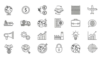 Comprehensive set of global business finance and logistics outline icons perfect for illustrating international trade and economic strategies in digital designs