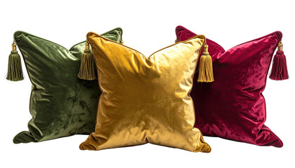 Three velvet square pillows with tassels, on a dark background