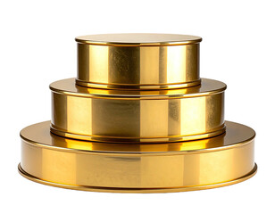 Stacked, metallic golden circular containers of varying sizes, against black