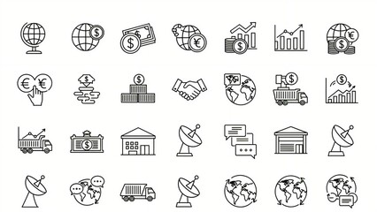 Collection of global business finance logistics and communication outline icons minimalist vector elements for web app and infographic design