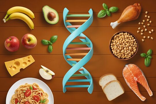 Colorful D N A Helix Surrounded by Healthy Foods on Wooden Table DNA helix bananas