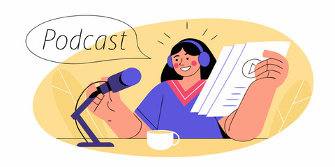 A woman recording a podcast with a microphone notes and a warm beverage