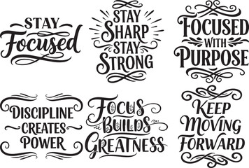Fototapeta premium Motivational quotes set on focus, strength, discipline, and moving forward designs