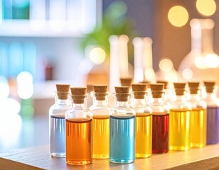 A vibrant collection of colorful pharmaceutical solutions in glass vials on a laboratory table, showcasing medical research and scientific innovation.