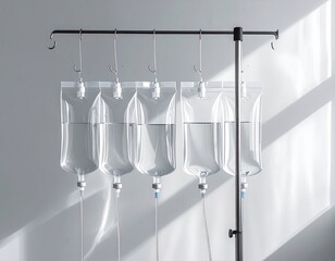 Assortment of sterile transparent IV bags filled with clear liquid, hanging from medical equipment in a clinical setting