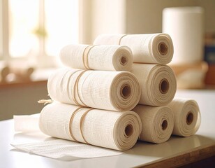 Bundle of freshly sterilized medical bandages wrapped in protective paper, stacked uniformly for healthcare use.