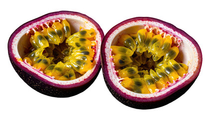 A halved passion fruit revealing seeds and pulp against a black backdrop