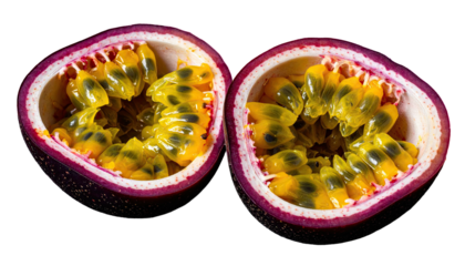 A halved passion fruit revealing seeds and pulp against a black backdrop