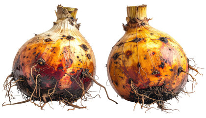 Two onion-like bulbs, exposed roots, detailed texture, against transparent background