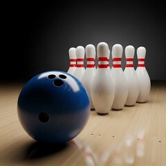 Blue bowling ball near ten pins