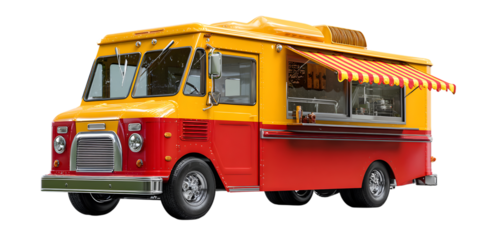Vibrant food truck ready for service isolated on white background