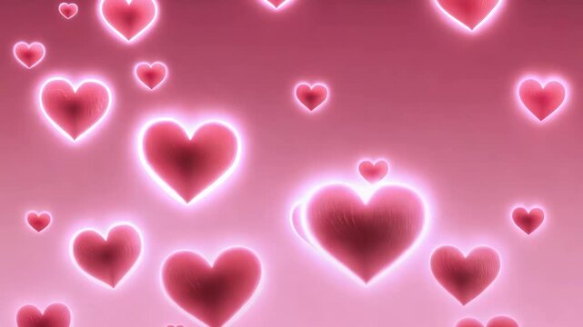 Ethereal floating hearts with a glowing neon outline against a soft pink backdrop