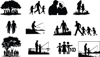Black vector silhouettes of people, stick figures, and family icons illustration collection