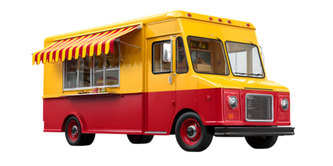 Bright food truck ready for service isolated on white background