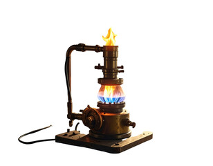 A steampunk-style, ornate laboratory burner with vibrant, multicolored flames
