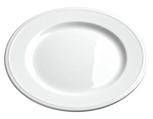A pristine white, round, ceramic plate with a slight indented lip