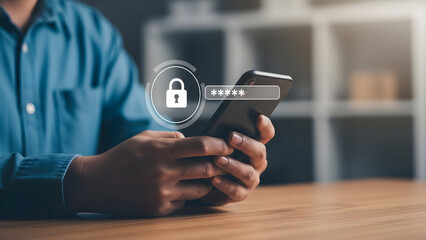 Man using smartphone with security lock screen overlay
