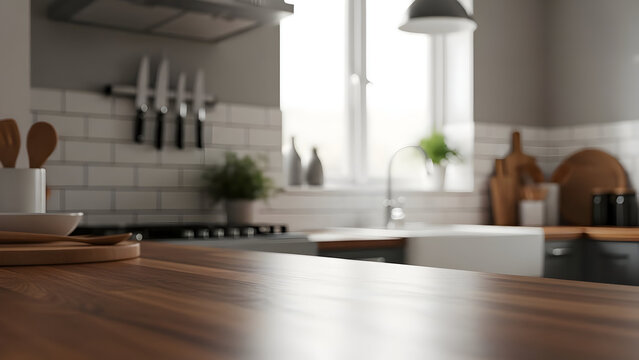 Modern kitchen interior with wooden countertop and white backsplash