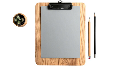 Wooden clipboard with blank paper, pencils, and potted plant on black background