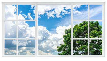 View through a white window blue sky, clouds, and green tree
