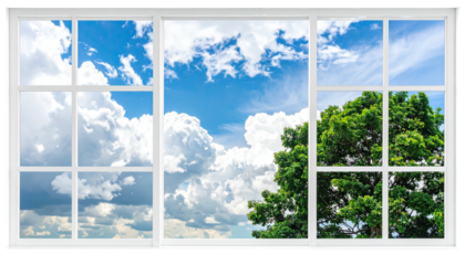 View through a white window blue sky, clouds, and green tree