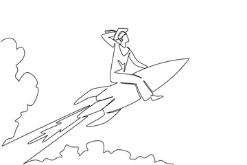 Continuous line drawing of a graduate man in cap and gown riding a rocket, honoring National Higher Education Day with an education concept of ambition, progress, and academic achievement.
