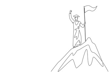 Inspiring continuous line drawing of a young male graduate on top of a mountain holding a flag, symbolizing victory, determination, and achievement for National Graduation Day education concept.