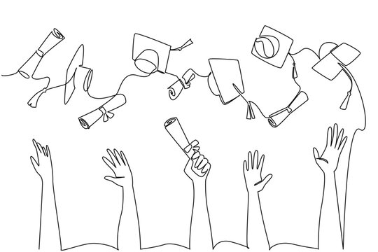 One line drawing of a joyful moment of graduates throwing caps and diplomas into the air, celebrating National Higher Education Day with a concept of success, achievement, and academic unity.