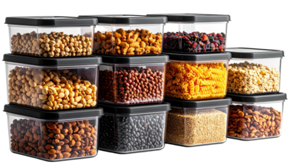 Stacked clear food storage containers, filled with various dry goods