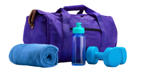 Purple gym bag with blue accessories isolated on white background