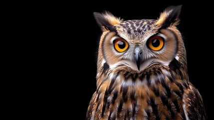 Majestic owl with striking orange eyes against black background