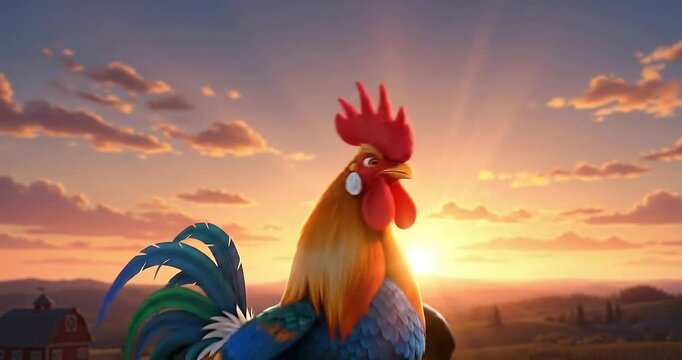 Colorful animated rooster crowing at sunrise over a serene farm landscape with clouds