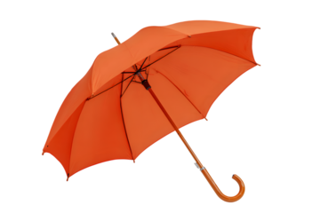 Bright orange umbrella with wooden handle isolated on white background