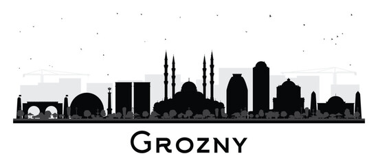 Grozny Russia city skyline silhouette with black buildings isolated on white. Illustration. Grozny cityscape with landmarks. Business travel and tourism concept with modern and historic architecture.