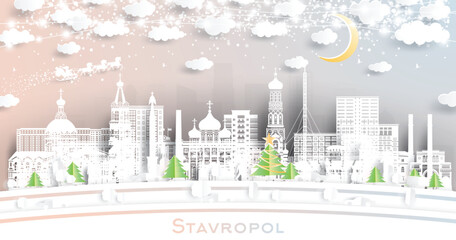Stavropol. Russia. Winter city skyline in paper cut style with snowflakes, moon and neon garland. Christmas and new year. Santa Claus on sleigh. Stavropol cityscape with landmarks.