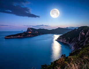  scenic panorama with full moon on sea to night