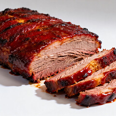 A succulent smoked brisket with a glossy, spicy BBQ sauce glaze, sliced to reveal tender, juicy meat. Perfect for a hearty barbecue or dinner dish.