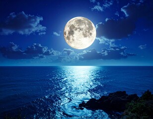  scenic panorama with full moon on sea to night