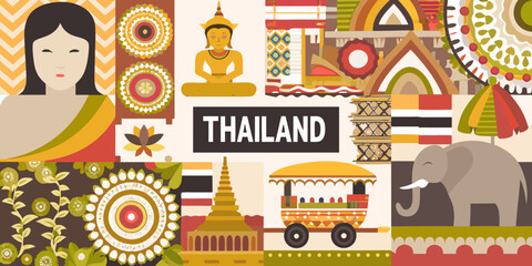 A vibrant thai illustration featuring cultural icons a woman and an elephant