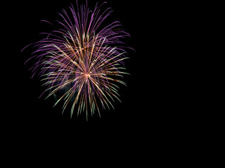 Pastel multicolor fireworks overlay blooming on black background, soft purple, green and gold strands radiating from center, refined rounded pyrotechnic sphere perfect for elegant festive celebration 