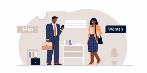 A man and woman in office attire discussing business with speech bubbles