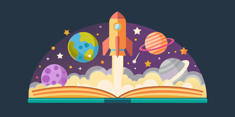 A rocket launching from an open book into a colorful space scene © Delip