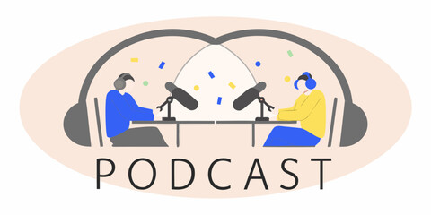 Two people recording a podcast with microphones and headphones illustration style
