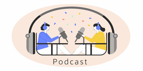 Two people recording a podcast interview with microphones and headphones