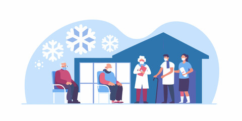 Healthcare workers assist senior citizens outside a building during winter season